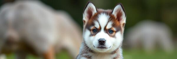 Cute husky puppy sitting in a green field surrounded by blurred animals during daytime in a natural environment photo