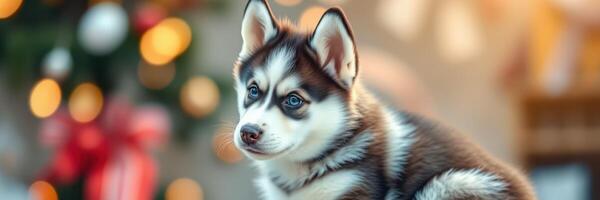 Cute husky puppy sitting near a decorated Christmas tree with warm bokeh lights photo