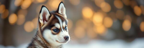 Cute husky puppy playing in the snow with blurred warm lights in the background during winter in a frozen landscape photo
