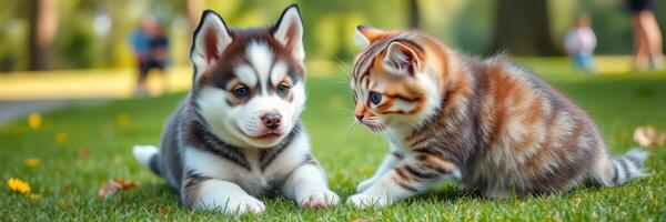 Cute husky puppy and playful kitten enjoy a sunny afternoon in the park photo
