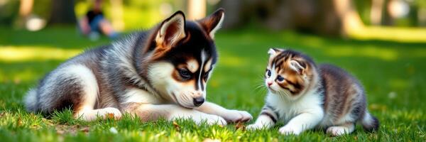 Playful puppy and kitten enjoying a sunny day in a park with green grass and trees around them photo