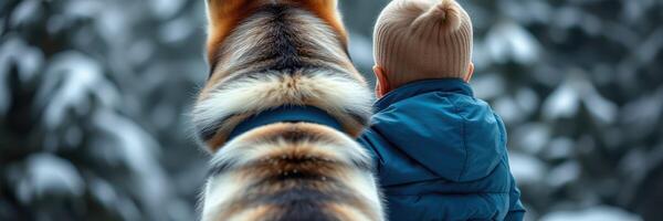 Child enjoys a serene moment with a dog in a snowy forest setting during winter photo