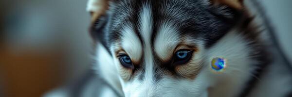 Close-up of a beautiful Siberian Husky with striking blue eyes displaying focus and curiosity indoors during a peaceful afternoon photo