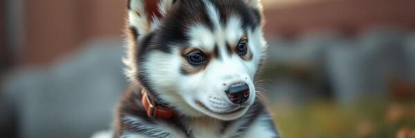 Cute husky puppy sitting outdoors in the warm sunlight with a curious expression on its face photo
