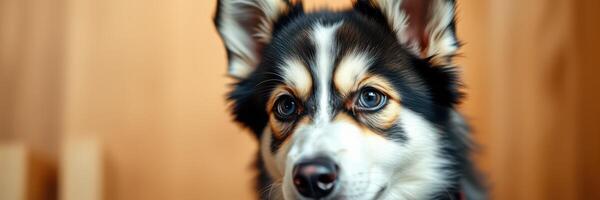 Cute dog with striking features poses indoors in a cozy atmosphere, showcasing its unique coat and playful expression photo