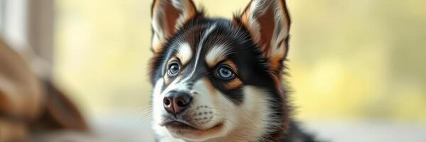 Cute husky puppy with striking blue eyes gazes thoughtfully in a cozy sunlit room photo