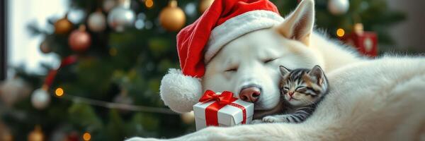 Festive dog wearing a Santa hat cuddles with a kitten near a beautifully decorated Christmas tree photo