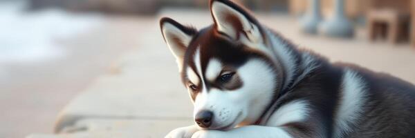 Cute husky puppy resting by the beach during sunset while looking contemplative and serene photo