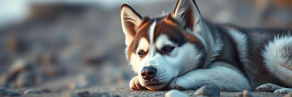 Relaxed husky lying on a rocky surface at sunset by the beach photo