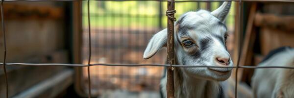 Curious goat peers through the bars of its pen in an outdoor farm setting during sunny daylight hours photo