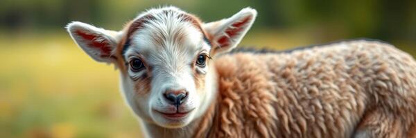 Cute lamb standing in a green meadow, showcasing youthful innocence during a sunny afternoon photo