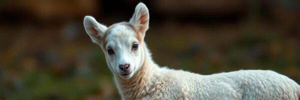 Young lamb standing in a grassy field during a sunny day in springtime with bright green surroundings photo