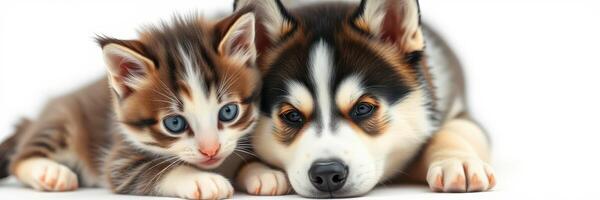 Adorable puppy and kitten cuddling together in a cozy setting photo