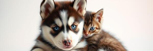Playful husky puppy cuddles with a tiny tabby kitten in a bright indoor setting during the morning light photo