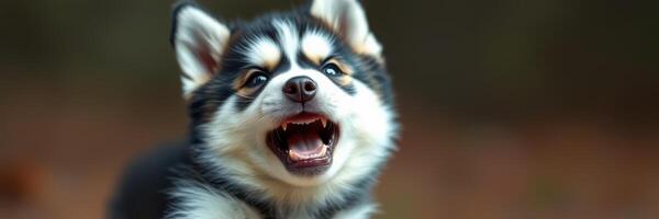 Excited puppy barking in a forest setting with autumn leaves during daylight photo