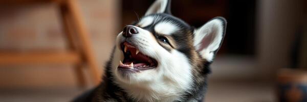 Playful husky puppy enjoying indoor playtime in cozy living room photo