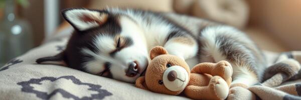 Cute husky puppy sleeping with a teddy bear on a cozy blanket in a warm home setting photo