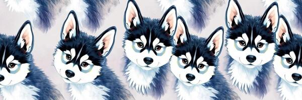 Digital artwork featuring a patterned design of husky dogs in shades of blue and white against a light background photo