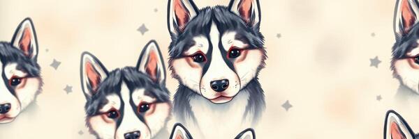 Cute husky illustrations showing various poses against a light background with stars and soft patterns photo