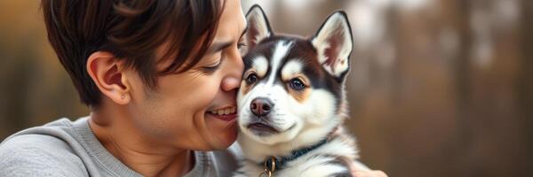 Man enjoys tender moment with his husky dog outdoors in autumn setting photo