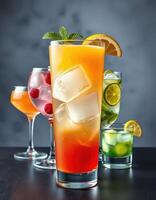 Colorful assortment of refreshing cocktails on a dark background in a lively bar setting photo
