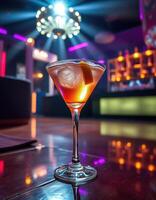 Elegant cocktail served in a vibrant nightclub with dramatic lighting and a lively atmosphere photo