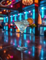 Refreshing cocktail with ice and citrus garnish in vibrant nightlife setting at an upscale bar photo