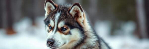 Beautiful Alaskan Malamute in a snowy forest during winter photo