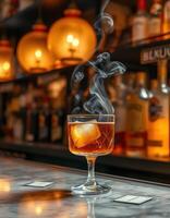 Elegant cocktail with smoke rising in a dimly lit bar during a late evening social gathering photo
