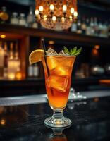 Refreshing cocktail served in elegant glass at a dimly lit bar photo