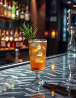 Refreshing cocktail garnished with a tropical leaf at a stylish bar during evening hours photo