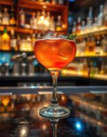 Refreshing cocktail served in elegant glass at a vibrant bar with an extensive liquor collection in the background photo