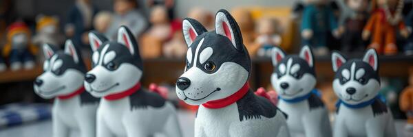 Colorful toy huskies displayed in a vibrant store, surrounded by other plush animals and a cozy atmosphere photo