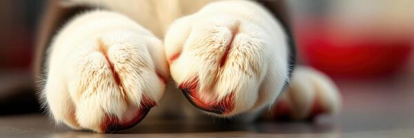 Soft cat paws with distinct claws resting on a smooth surface in a cozy indoor space during daylight hours photo