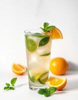 Refreshing citrus drink garnished with mint and lime in a tall glass with ice photo