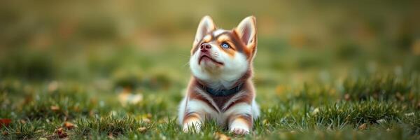 Playful husky puppy relaxing on grass with curious expression in a serene outdoor setting photo