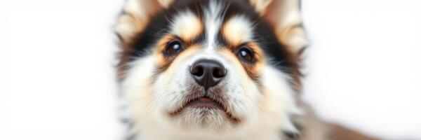 Cute fluffy dog looking up with a curious expression indoors, focused on something off-camera during daylight hours photo