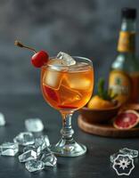 Refreshing cocktail served in a glass with ice and garnished with cherry and citrus slice photo