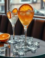Refreshing cocktails served in elegant glasses with ice and orange slices at a cozy bar setting photo