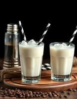 Refreshing cold beverages in stylish glasses with straws sitting on a wooden board with coffee beans photo