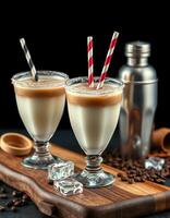 Creamy coffee cocktails with decorative straws served on a wooden board in an elegant setup photo