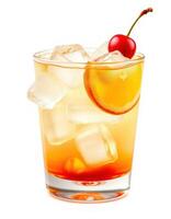 Refreshing cocktail with orange and cherry garnishes served over ice cubes in a clear glass on a white background photo