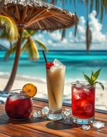 Refreshing tropical cocktails served on a beachside table with a serene ocean view on a sunny day photo