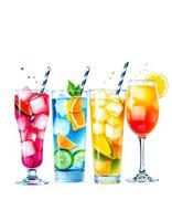 Colorful fruit drinks displayed in tall glasses with ice and straws on a bright background photo
