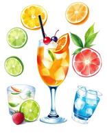Colorful tropical cocktail with citrus fruits and ice cubes on a white background photo