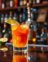Refreshing cocktail with citrus garnish served at a bustling bar in the evening photo