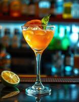 Refreshing cocktail served in a elegant glass garnished with mint and orange on a well-stocked bar photo