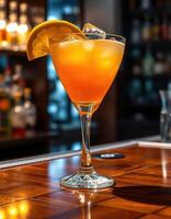 Delightful tropical cocktail served in an elegant glass at a vibrant bar during an evening gathering photo