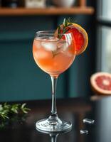 Refreshing cocktail served in an elegant glass with a slice of grapefruit and a sprig of rosemary in a stylish bar setting photo