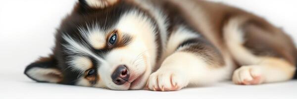 Cute husky puppy resting peacefully indoors in a cozy environment on a soft surface photo
